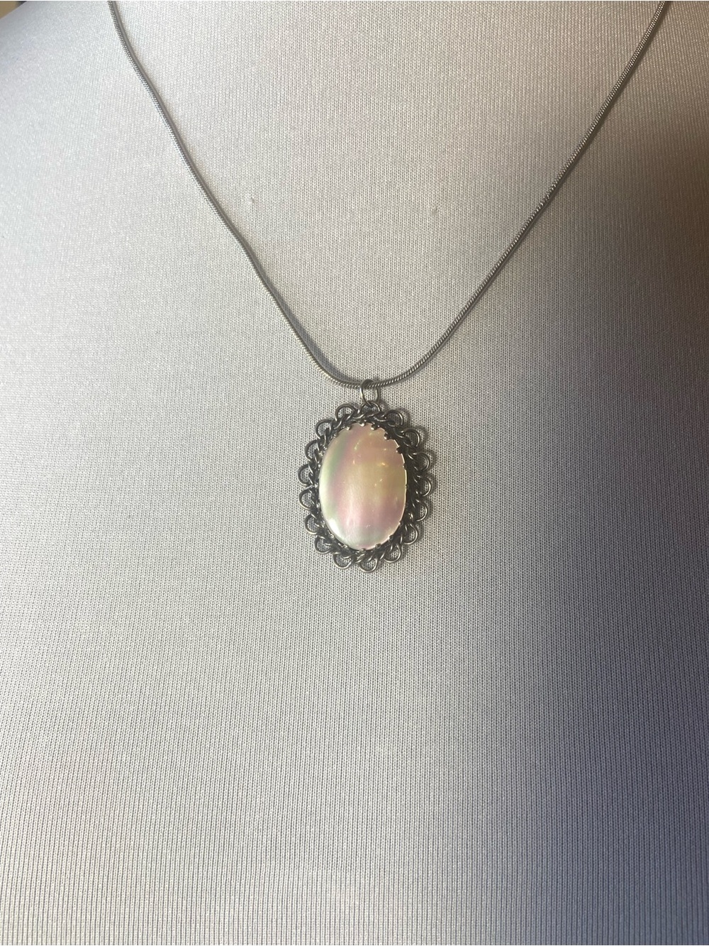 Iridescent Pink Oval Pendant Necklace in Silver-Tone